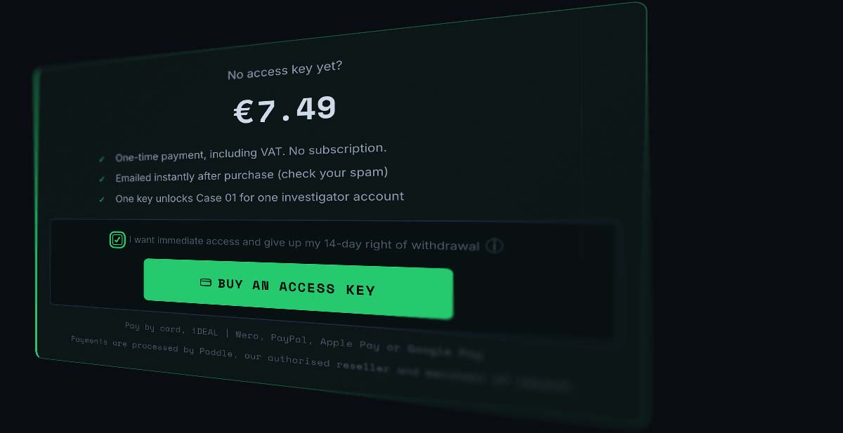 The buy block on a case page, with the price and the green 'Buy an access key' button